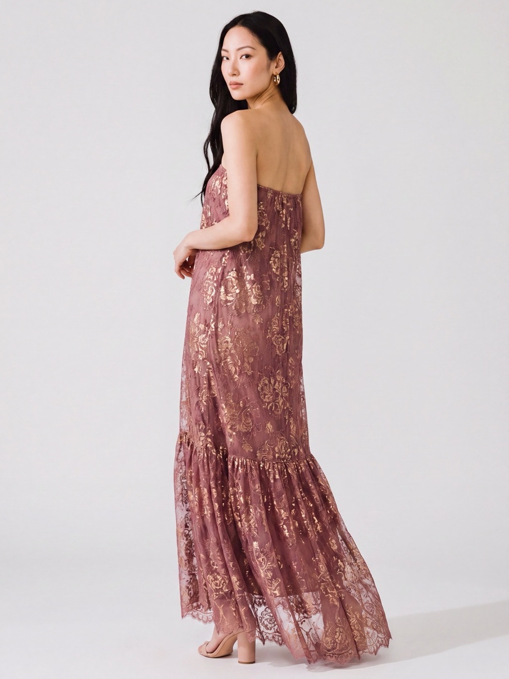 Helsi Cara Women’s Strapless Metallic Burgundy Gold Lace Maxi Dress Size XS NEW - Picture 7 of 12